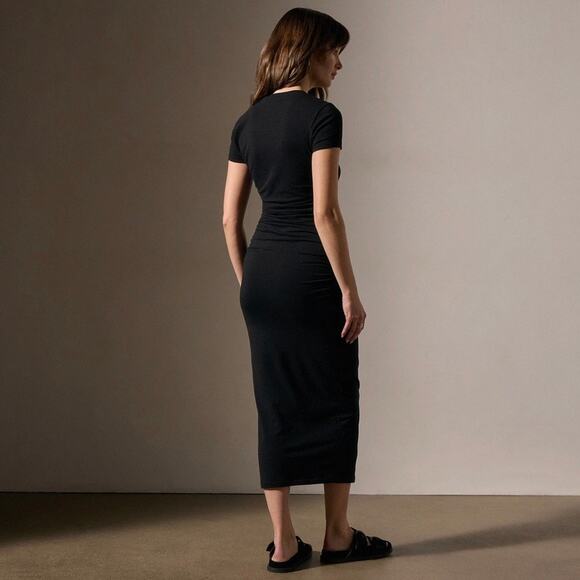 James Perse Black Ruched T-Shirt Midi Dress Women’s Size Large 3 Cotton Stretch - Picture 8 of 16